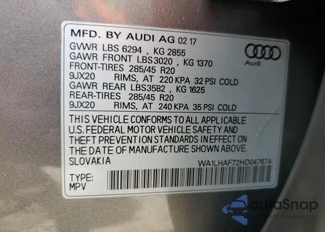 2017 Audi Q7 Premium Plus z USA, uszkodzony, nr VIN WA1LHAF72HD047674
